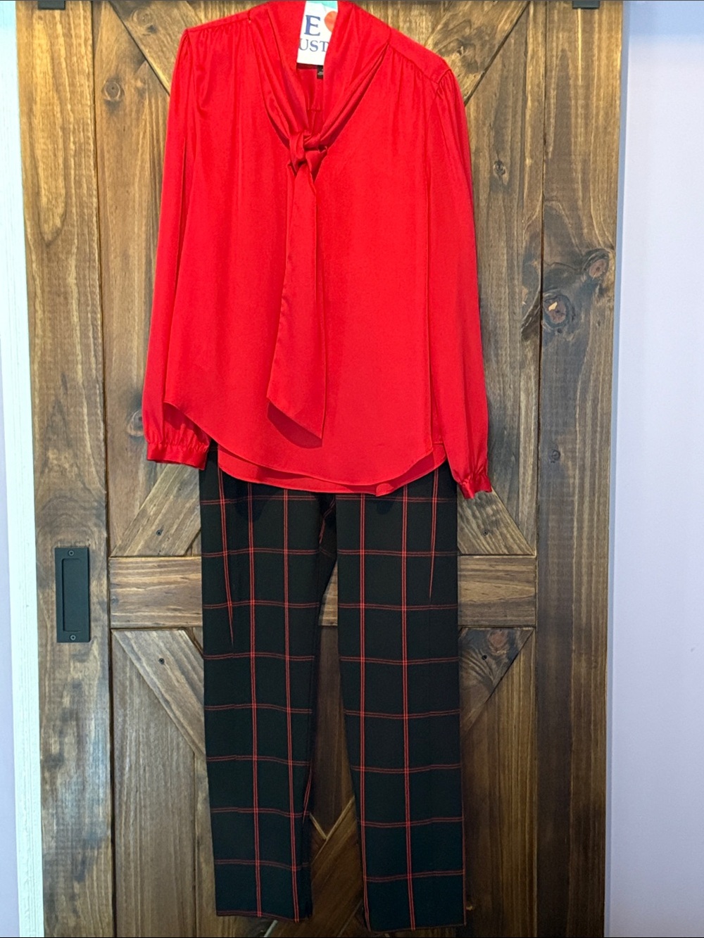 Ann Taylor Tie-Neck Red Blouse & Black Red-Windowpane Pants Set Size L 12